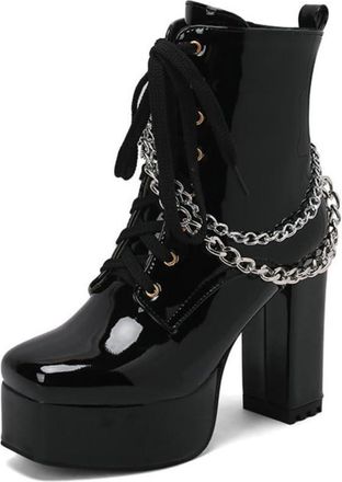Generic Women Square Toe Platform Chunky Heel Combat Ankle Boots, Punk Style with Gothic Chain Accents,Black,10 UK