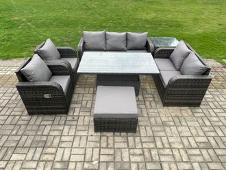 Fimous Rattan Outdoor Garden Furniture Sets Height Adjustable Rising lifting Dining Table Reclining Chair Sofa Set in Dark Grey