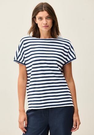 Cecil T-Shirt CECIL, Damen, Gr. XS (36), blau (urban navy blau), Jersey, Obermaterial: 50% Baumwolle, 50% Modal, gestreift, regular fit taillenbedeckt, U-Bo