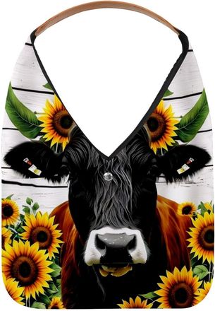 Generic Sunflower Cow Wooden Board Reusable Lightweight Grocery Bags - Foldable Into Compact Pouch, Washable & Sturdy, Multipurpose for Shopping and Travel