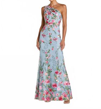 Mac Duggal One Shoulder Floral Embroidered Gown In Powder Blue Multi