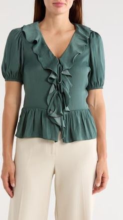 T Tahari Puff Sleeve Ruffle Peplum Top in Sueded Sage at Nordstrom Rack, Size X-Small
