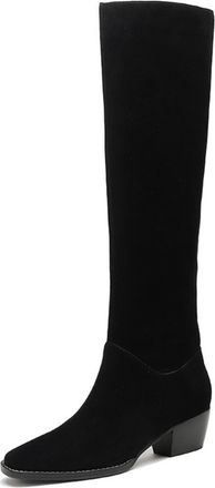 Generic Womens Knee-High Boots In Suede-Like Material Pointed Closed Toe Low Chunky Block Heels Stretch Fabric Slip On Design Soft Lining Durable Outsole,Blac