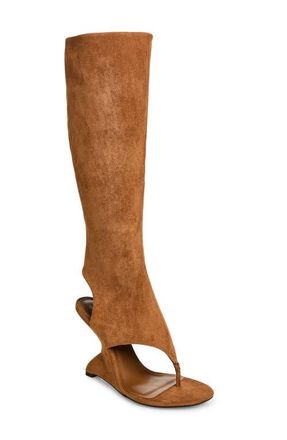 Jeffrey Campbell Whats-Up Knee High Sculpted Wedge Sandal Boot in Tan Suede at Nordstrom, Size 6.5