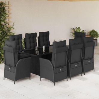 vidaXL Set De Comedor De Jard&iacute;n 9 Pzas Y Cojines Rat&aacute;n Sint&eacute;tico Negro Vidaxl