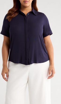 Universal Standard Chelsea Short Sleeve Jersey Button-Up Shirt in Midnight at Nordstrom, Size Xl