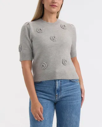 Ellen Tracy Womens Short Sleeve Sweater with Crochet Flowers