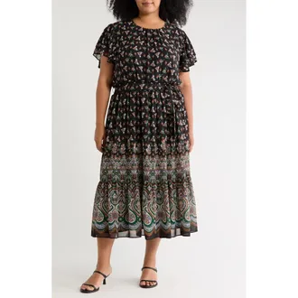 CeCe by Cynthia Steffe Floral & Paisley Mixe Print Flutter Sleeve Dress in Alpine Green at Nordstrom, Size 1X