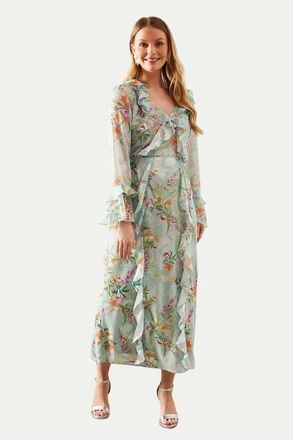 Wallis Floral Ruffle Belted Midaxi Dress in Sage at Nordstrom, Size 12