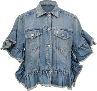 Msgm Distressed Ruffle Trimmed Denim Jacket in Blue Cotton
