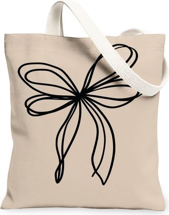 Generic Minimalistic Bow Canvas Tote Bags, Modern Design Reusable Shopping Bags, Lightweight Washable Shoulder Strap Canvas for Eve, Beige, 13x15 Inch