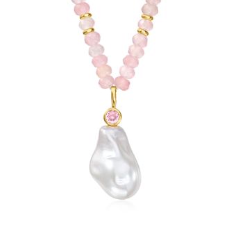 Ross-Simons 14kt Yellow Gold-Plated Necklace With Rose Quartz Beads, Simulated Pink Gem and Pearl