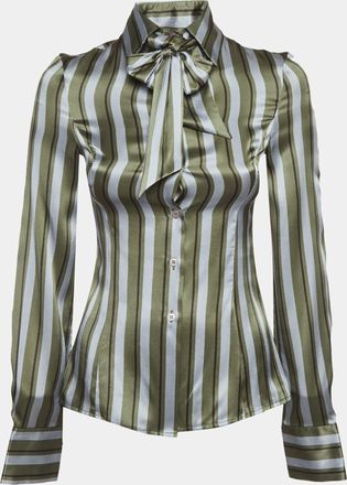 Emporio Armani Green/grey Striped Silk Detachable Bow Detail Shirt