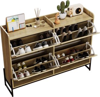 STILVORA Mueble Zapatero Con 4 Abatibles, Estantes Ajustables, Bordes Redondeados, En Tablero De Part&iacute;culas, Natural, 121&times;25&times;91,5 Cm