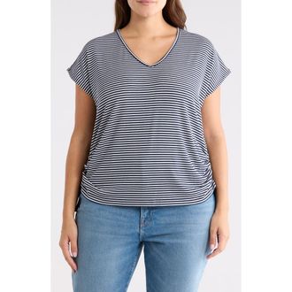 Max Studio Stripe Cap Sleeve Cinch Side T-Shirt in Navy/Ecru Stripe at Nordstrom Rack, Size 3 X