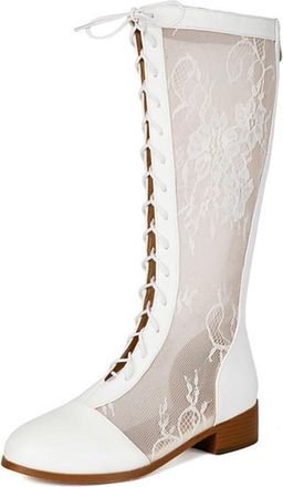 Generic Womens Lace Hollow Out Round Toe Patchwork Knee High Boots Sandals Low Block Heels Lace Up Summer Dress Shoes (White,7.5)