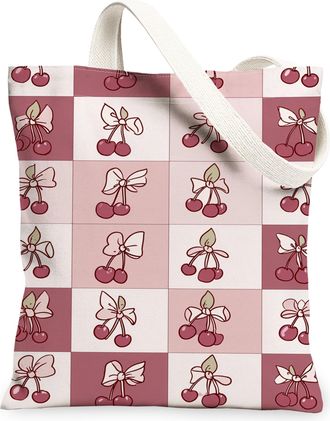 Generic Cherries Pattern Canvas Tote Bags, Floral Print Reusable Grocery Bags, Lightweight Washable Shoulder Strap Canvas for Shopp, Peach, 13x15 Inch