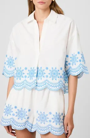 French Connection Alissa Embroidered Cotton Top in White/Poolside Blue at Nordstrom, Size X-Large