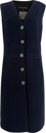 Chanel Navy Boucle Tweed Midi Dress with Gripoix Jewel Buttons Size L