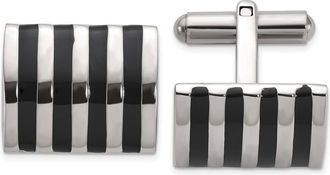 Diamond2Deal Stainless Steel Polished with Black Enamel Stripes Cuff Links