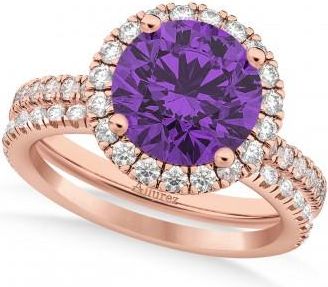 Allurez Amethyst & Diamond Round-Cut Halo Bridal Set 14K Rose Gold (2.57ct)