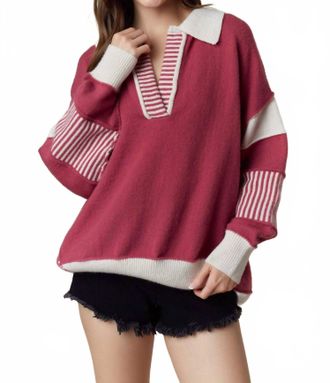 Peach Love California Stevie Oversized Collared Sweater In Berry