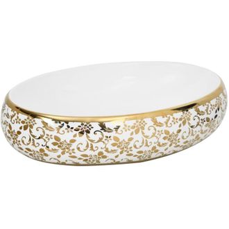 vidaXL Vidaxl - Lavabo Sobre Encimera Ovalado Cer&aacute;mica Blanco Dorado 59x40x15cm