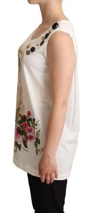 Dolce & Gabbana Womens White Dog Floral Print Embellished T-Shirt Cotton