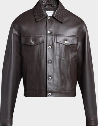 Bottega Veneta Men & apos;s Intrecciato-Collar Leather Jacket