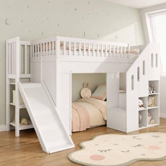 Merax White 3FT Childrens Bunk Bed, Midsleeper with Slide, Storage & LED | Size: Single