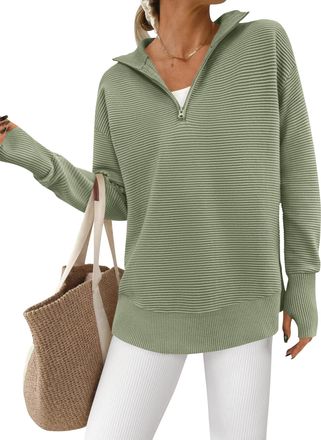 PrettyGarden Womens Long Sleeve Quarter Zip Pullover Sweater Casual Loose V Neck Collared Ribbed Knit Jumper Tops Thumb Hole, Grey Green, L