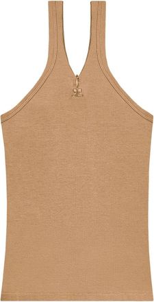 Courr&egrave;ges logo-embroidered ribbed tank top - women - Cotton/Elastane - S - Brown