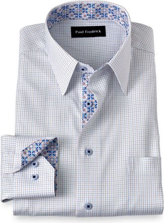 Paul Fredrick Comfort Stretch Non-iron Windowpane Dress Shirt With Contrast Trim