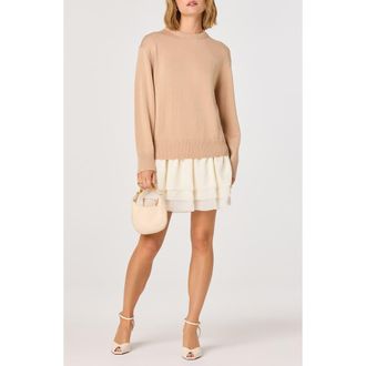 ASTR the Label Kalyn Mixed Media Long Sleeve Minidress in Light Taupe Cream at Nordstrom, Size Small