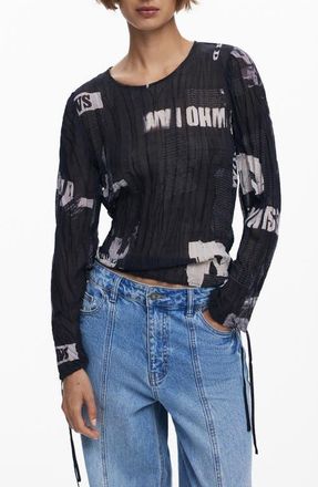 Desigual Print Crinkle Top in Black at Nordstrom, Size Small