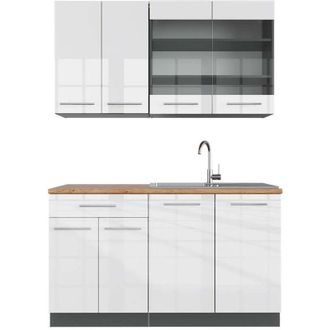 Vicco Cucina completa Fame-Line, Bianco lucido/antracite, 140 cm, pl Rovere