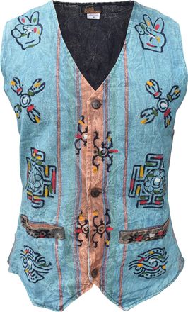 Gheri Mens Hippy Striped Peace Symbols Boho Turquoise Stonewashed Waistcoat X-Large