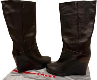 Prada Black Leather Eddy Wedge Boots Size 37.5