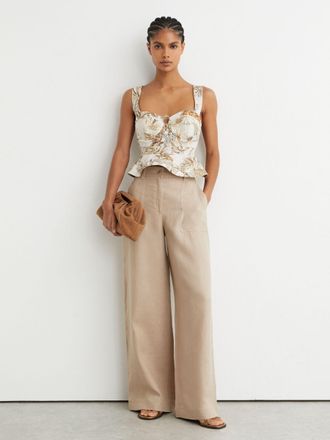 Reiss Neutral Cotton Safari Print Bustier Top, 14