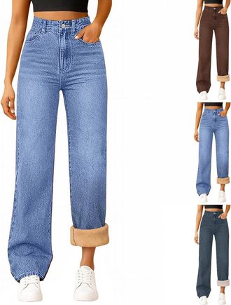 Generic Fleece Lined Jeans Women High Waist Plus Size - Women Thick Straight Leg Thermal Jeans - Long Thick Winter Trousers Baggy Lounge Pants with Pockets Wa