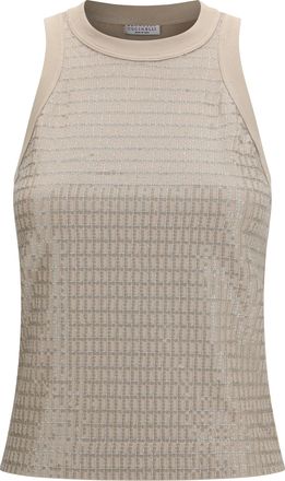 Brunello Cucinelli Womens Cotton Top With Luminous Embroidery Talc Tops