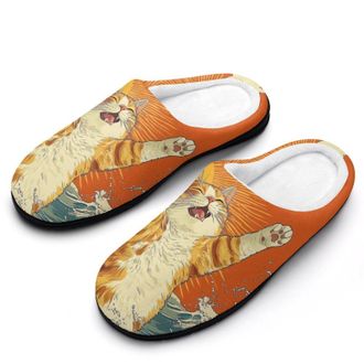 Generic Japanese Cat Ocean Wave Womens Slippers Warm House Slippers Indoor House Shoes with Anti-Skid Rubber Sole