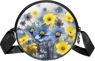 Generic Circle Crossbody Bag for Women, Yellow Blue Flower Small Sling Bag Daypack with Zipper Adjustable Shoulder Straps Casual Ladies Girls Round Purse