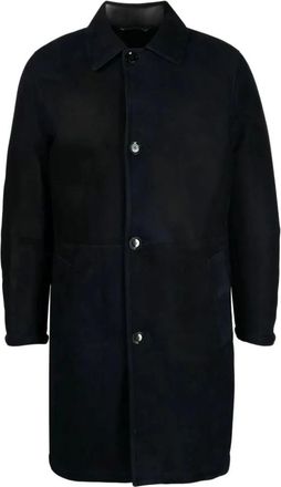 Brioni Single-Breasted Coats, male, Blue, M, Midnight Blue Leather Coat