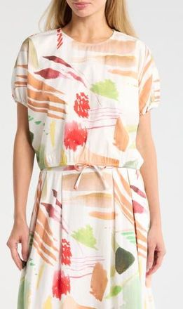 T Tahari Short Sleeve Tie Waist Crop Top in Ivory Brush Stroke Print at Nordstrom Rack, Size X-Large