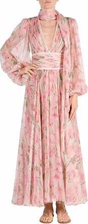 Luisa Beccaria Big Poppies Chiffon Dress In Pink/ Multi