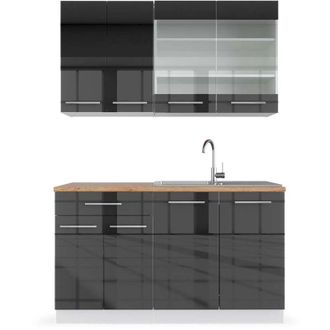 Vicco Cucina completa Fame-Line, Antracite lucido/bianco, 140 cm, pl Rovere