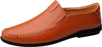 Generic Mens Loafers Genuine Leather Stitching Details Round Toe Breathable Anti-Slip Comfortable Flexible Casual Fashion Slip On(Red Brown,5.5 UK)