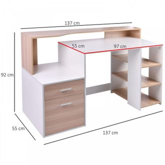 Carter's White And Wood Desk Wooden Computer Desk 140Lx55Dx92H Cm Modern Home Office Writing Workstation Furniture Printer Shelf Rack Storage Drawer & Shelves