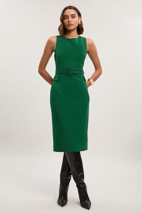 Karen Millen Womens Compact Essenital Belted Midi Pencil Dress - Emerald - Size 12 UK